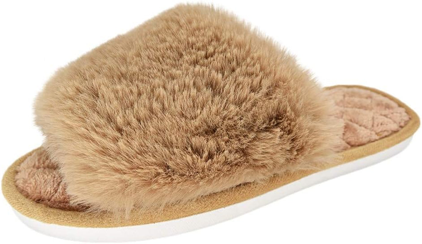 Women's Memory Foam Open Toe Fuzzy Fur Slippers - Soft Indoor/Outdoor House Sandals for Comfort