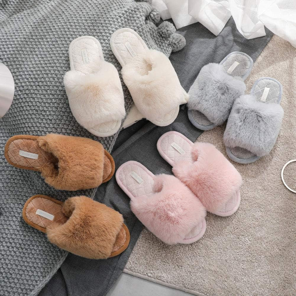 Women's Memory Foam Open Toe Fuzzy Fur Slippers - Soft Indoor/Outdoor House Sandals for Comfort