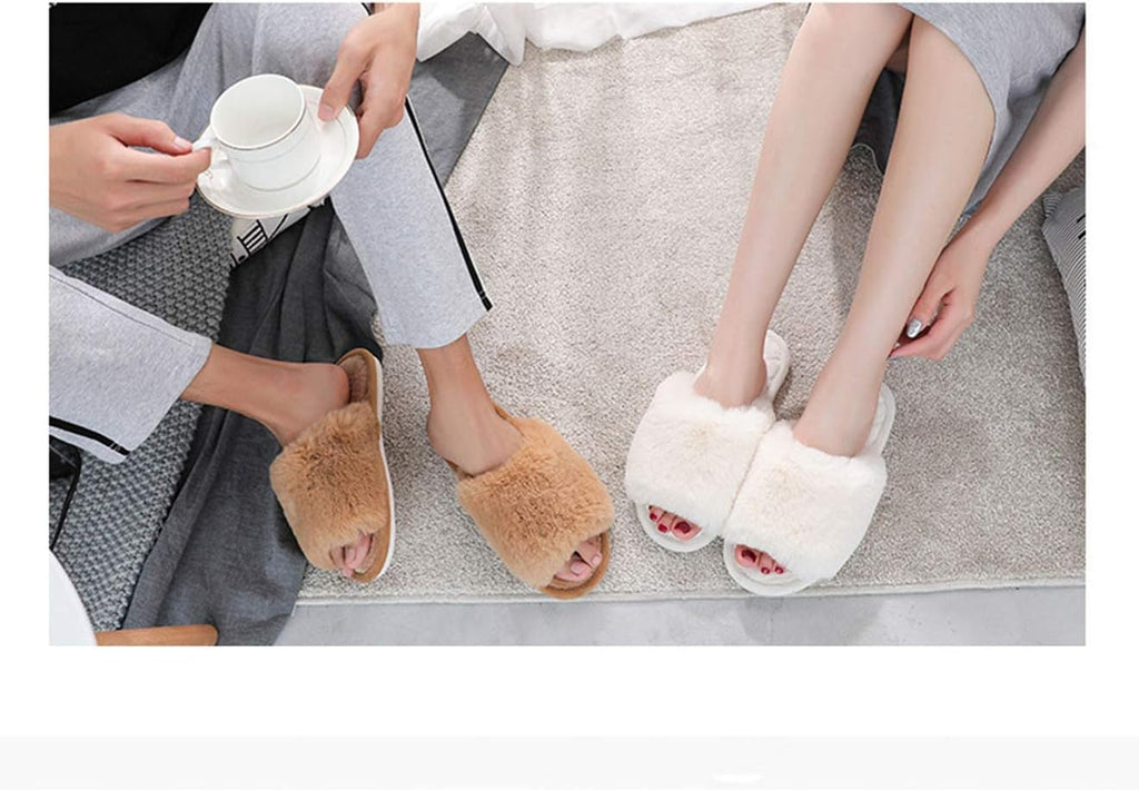 Women's Memory Foam Open Toe Fuzzy Fur Slippers - Soft Indoor/Outdoor House Sandals for Comfort