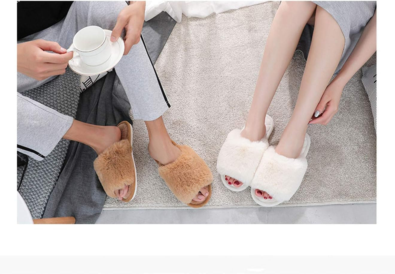 Women's Memory Foam Open Toe Fuzzy Fur Slippers - Soft Indoor/Outdoor House Sandals for Comfort