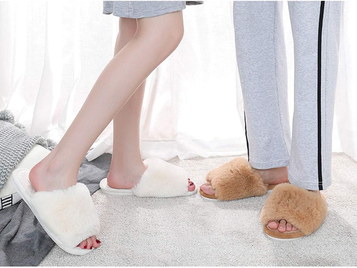 Women's Memory Foam Open Toe Fuzzy Fur Slippers - Soft Indoor/Outdoor House Sandals for Comfort