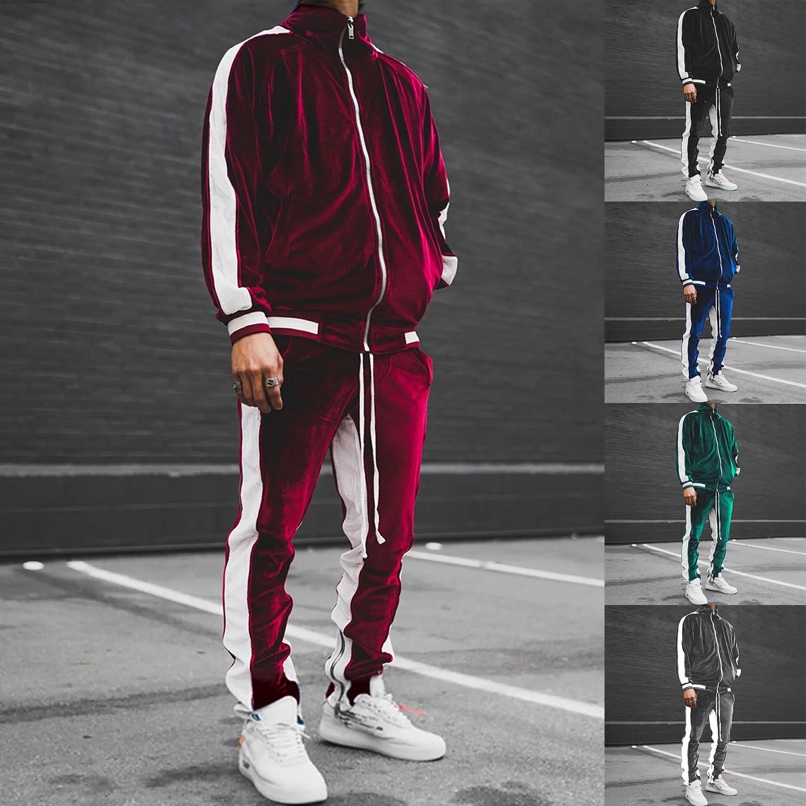 Men'S 2 Pieces Velour Tracksuits Full Zip Velvet Sweatsuit Sport Suits Casual Outfits Jacket Pants Fitness Tracksuit Set