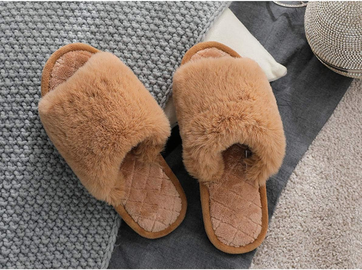 Women's Memory Foam Open Toe Fuzzy Fur Slippers - Soft Indoor/Outdoor House Sandals for Comfort