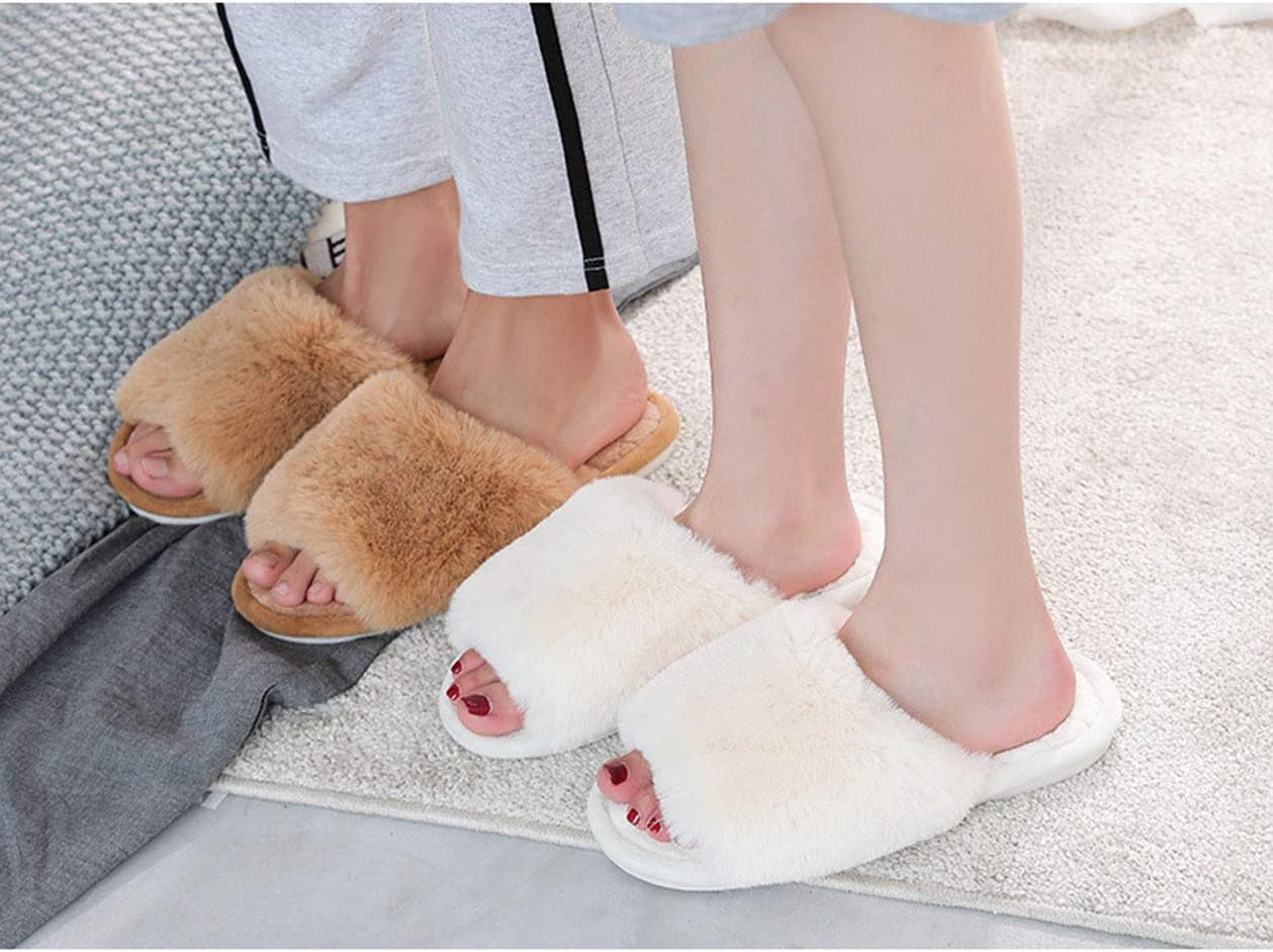 Women's Memory Foam Open Toe Fuzzy Fur Slippers - Soft Indoor/Outdoor House Sandals for Comfort