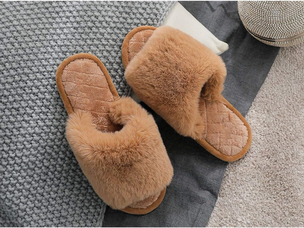 Women's Memory Foam Open Toe Fuzzy Fur Slippers - Soft Indoor/Outdoor House Sandals for Comfort