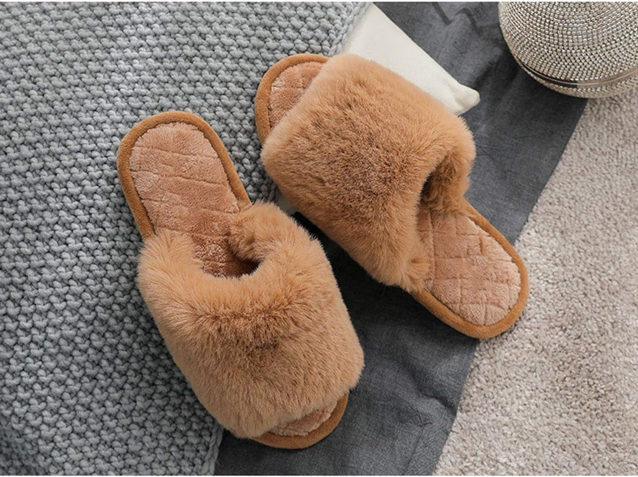 Women's Memory Foam Open Toe Fuzzy Fur Slippers - Soft Indoor/Outdoor House Sandals for Comfort